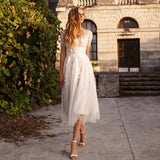 Tea Length Sleeves Ethereal Modern A-Line V-Neck Button Back Wedding Dress