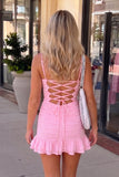 Pink - Spaghetti Straps Sheath Satin Pleated Homecoming Dress With Ruffles