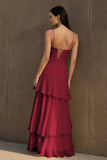 Yellow Spaghetti Straps Chiffon Sheath Long Formal Prom Dresses With Ruffles