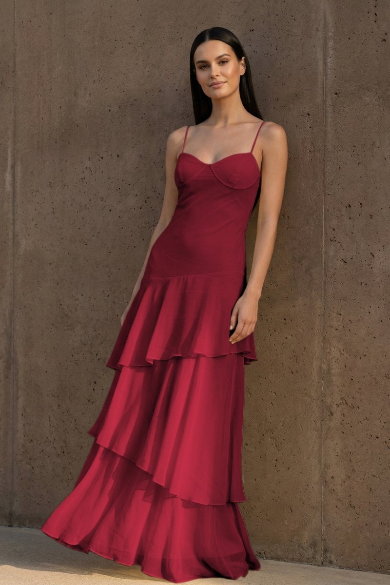 Yellow Spaghetti Straps Chiffon Sheath Long Formal Prom Dresses With Ruffles