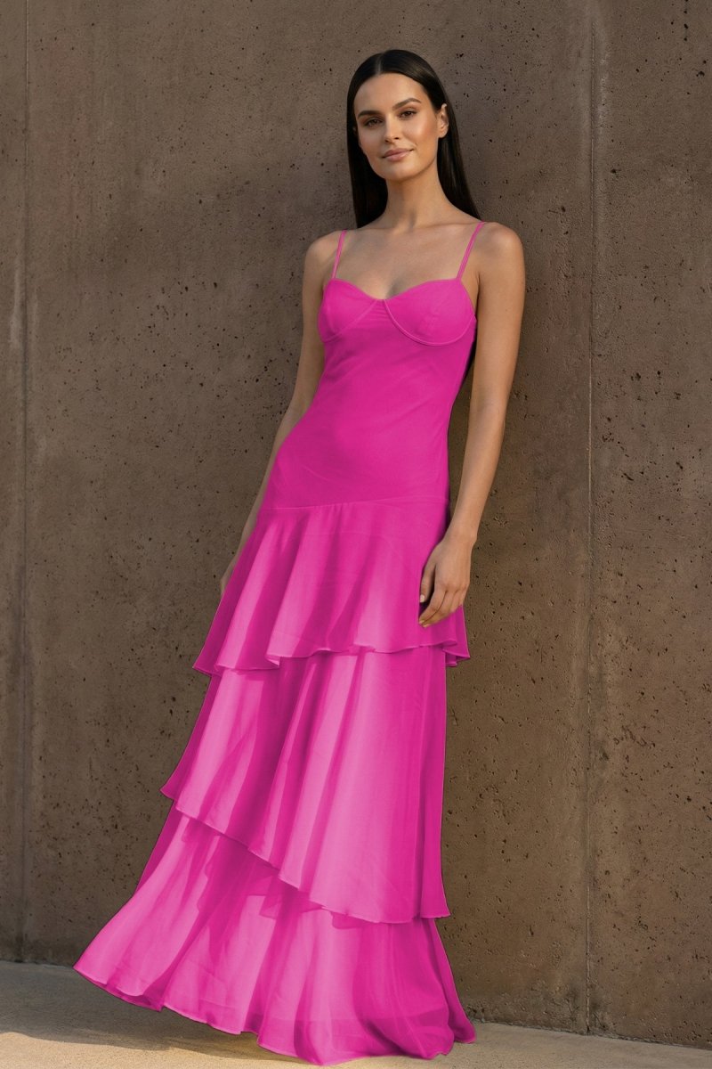 Yellow Spaghetti Straps Chiffon Sheath Long Formal Prom Dresses With Ruffles