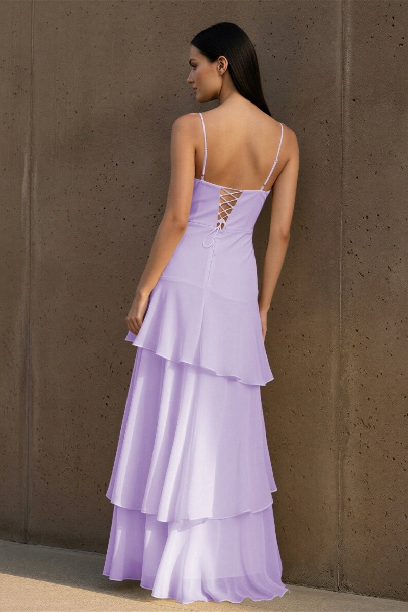 Yellow Spaghetti Straps Chiffon Sheath Long Formal Prom Dresses With Ruffles