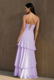 Yellow Spaghetti Straps Chiffon Sheath Long Formal Prom Dresses With Ruffles