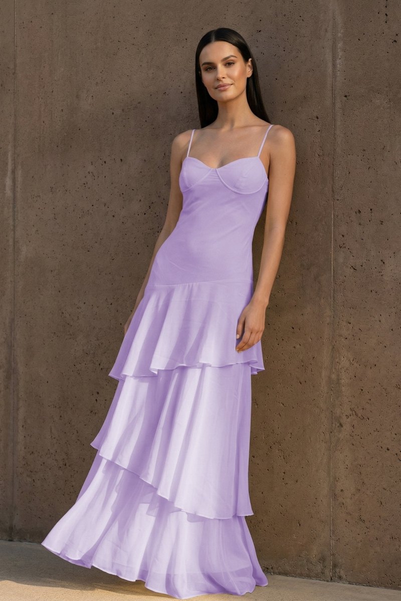 Yellow Spaghetti Straps Chiffon Sheath Long Formal Prom Dresses With Ruffles