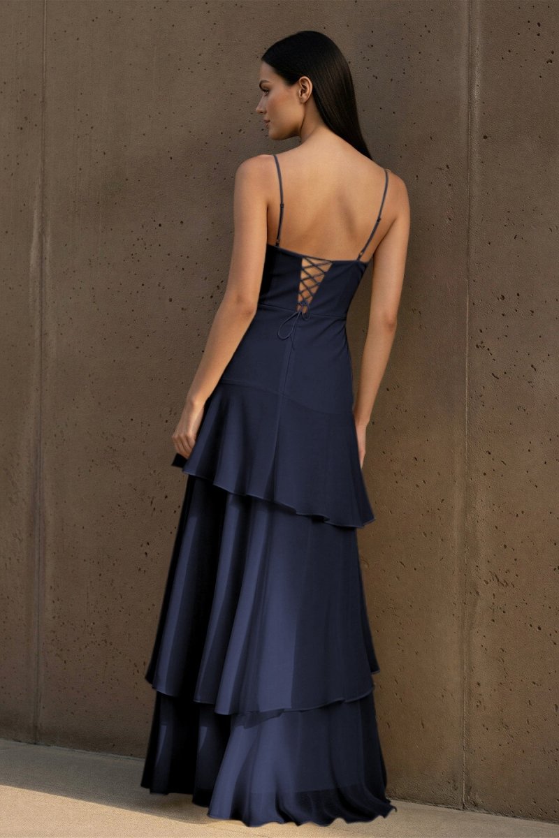 Yellow Spaghetti Straps Chiffon Sheath Long Formal Prom Dresses With Ruffles