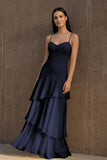 Yellow Spaghetti Straps Chiffon Sheath Long Formal Prom Dresses With Ruffles
