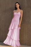 Yellow Spaghetti Straps Chiffon Sheath Long Formal Prom Dresses With Ruffles