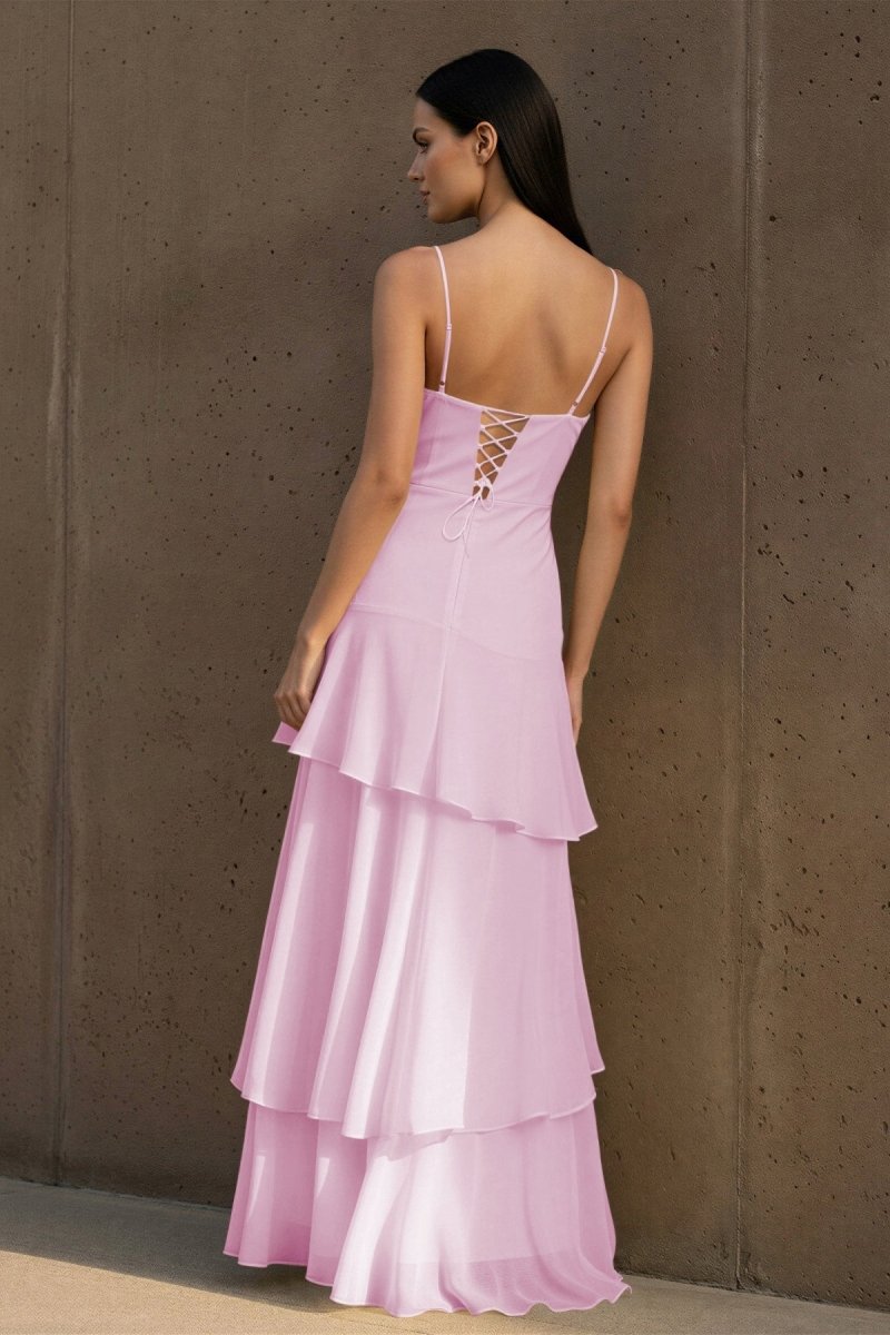 Yellow Spaghetti Straps Chiffon Sheath Long Formal Prom Dresses With Ruffles