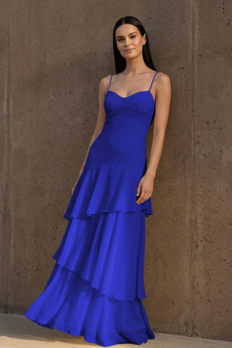 Yellow Spaghetti Straps Chiffon Sheath Long Formal Prom Dresses With Ruffles