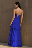 Yellow Spaghetti Straps Chiffon Sheath Long Formal Prom Dresses With Ruffles