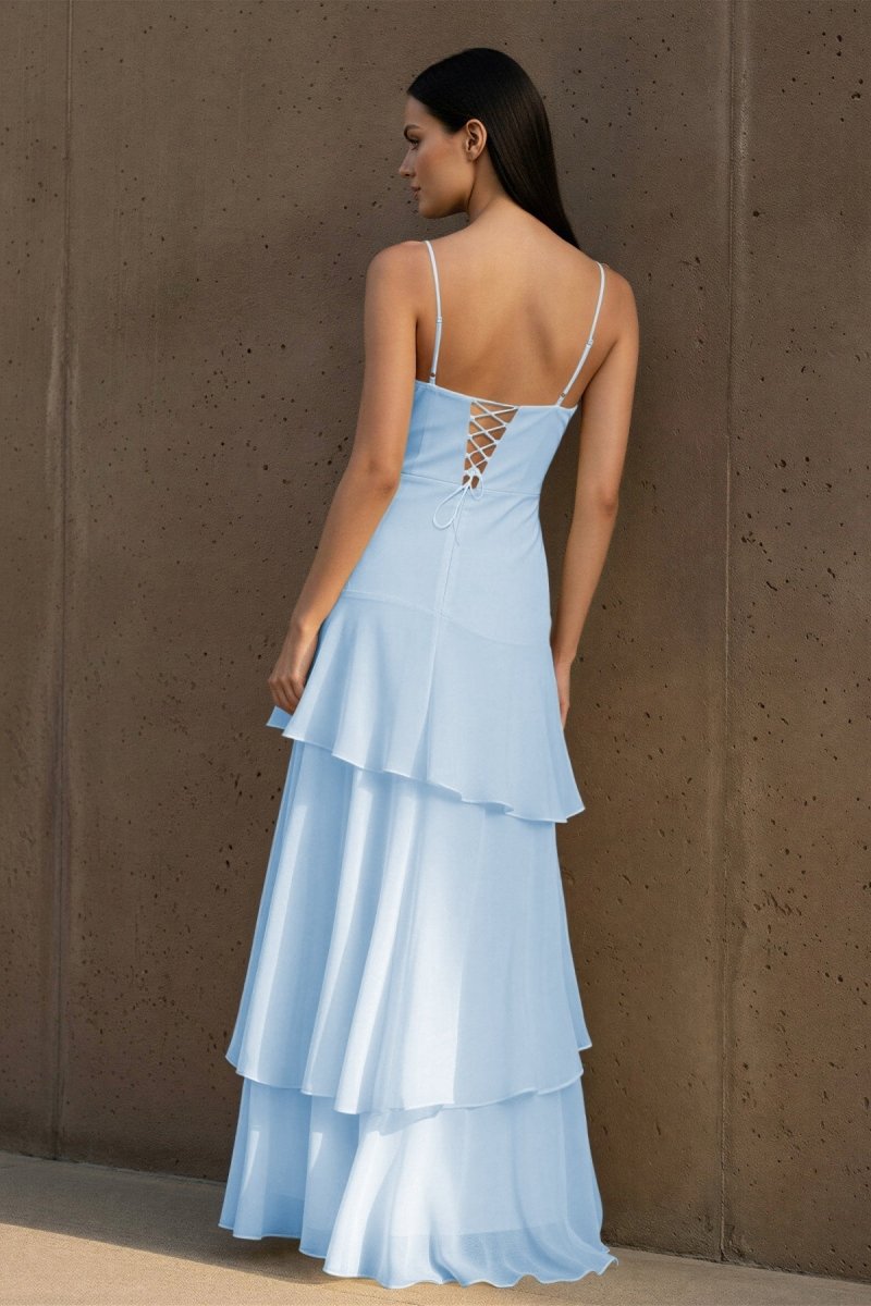 Yellow Spaghetti Straps Chiffon Sheath Long Formal Prom Dresses With Ruffles