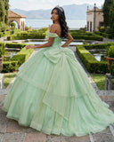 Sage Green Off The Shoulder Tulle Beaded Quinceanera Dress With Bow