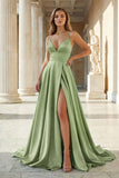 Pink Spaghetti Straps Satin Backless A Line Prom Dress With Pockets