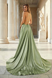 Pink Spaghetti Straps Satin Backless A Line Prom Dress With Pockets
