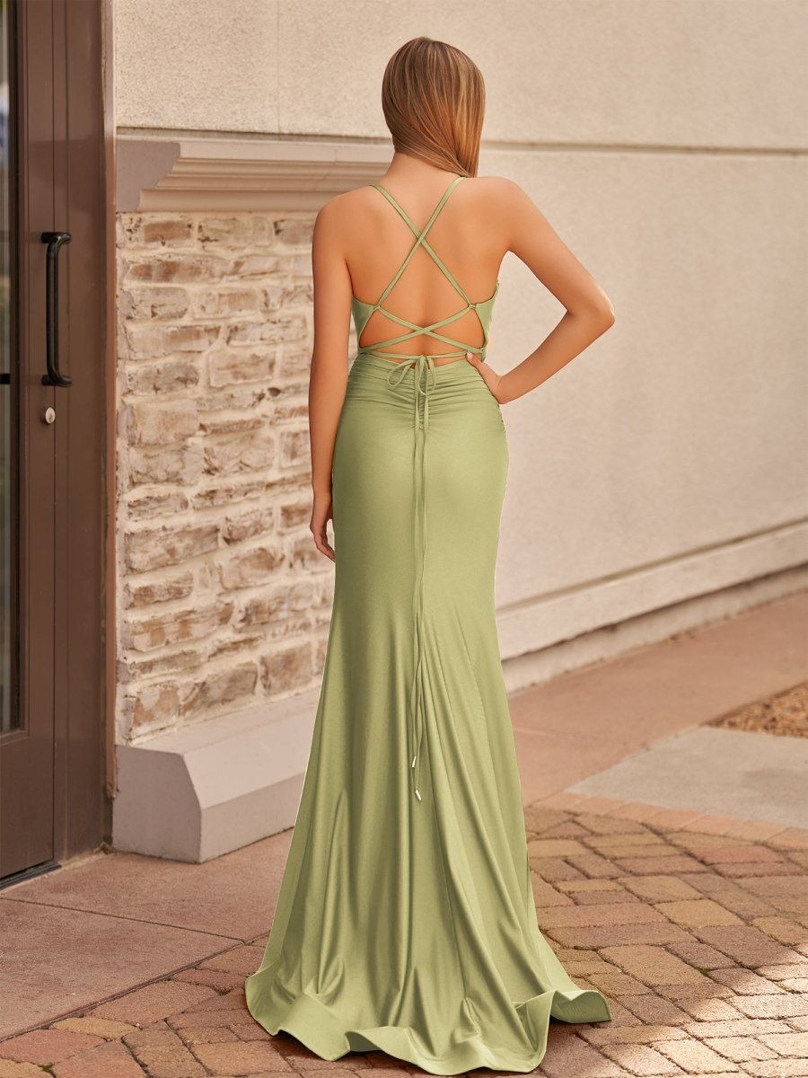 Mermaid Spaghetti Straps Satin Prom Dress with Slit