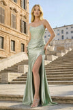 Coral Pink Mermaid Strapless Beaded Satin Long Prom Dresses With Slit