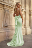 Coral Pink Mermaid V Neck Satin Open Back Long Prom Dresses With Bow