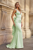 Coral Pink Mermaid V Neck Satin Open Back Long Prom Dresses With Bow