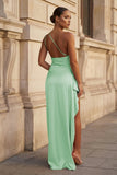 Pink One Shoulder Sheath Satin Long Prom Dresses With Slit
