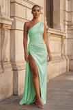 Pink One Shoulder Sheath Satin Long Prom Dresses With Slit