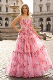 Pink Sweetheart Chiffon A Line Floral Tiered Prom Dress With Bow