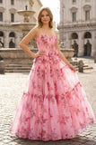 Pink Sweetheart Chiffon A Line Floral Tiered Prom Dress With Bow