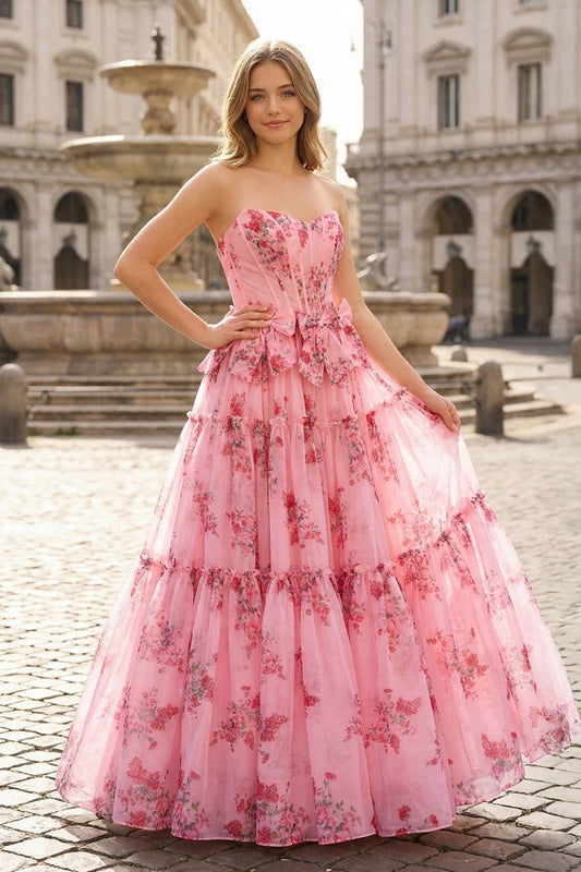 Pink Sweetheart Chiffon A Line Floral Tiered Prom Dress With Bow