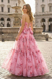Pink Sweetheart Chiffon A Line Floral Tiered Prom Dress With Bow