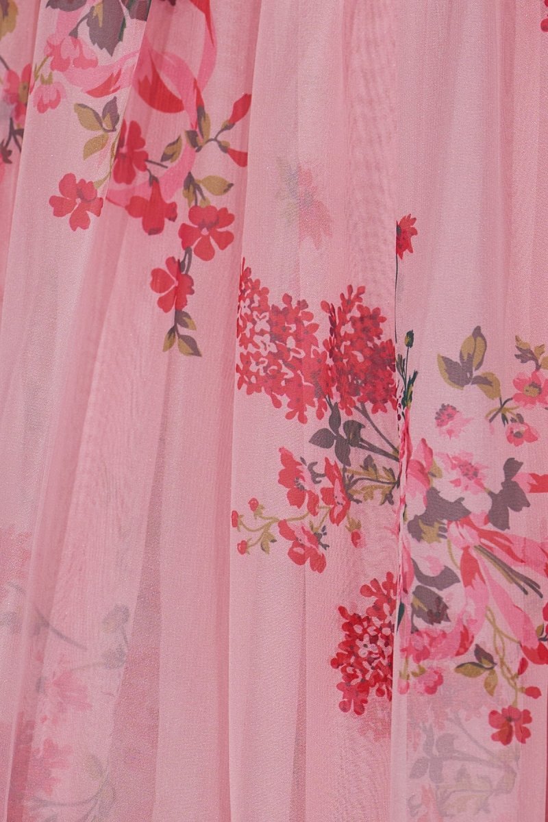 Pink Sweetheart Chiffon A Line Floral Tiered Prom Dress With Bow