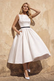 Satin A-Line Bateau Neck Midi Wedding Dress in White