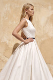 Satin A-Line Bateau Neck Midi Wedding Dress in White