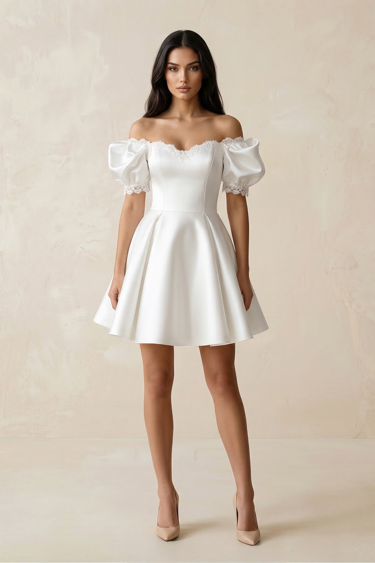 Satin Lace Off-the-Shoulder A-Line Wedding Dress in White