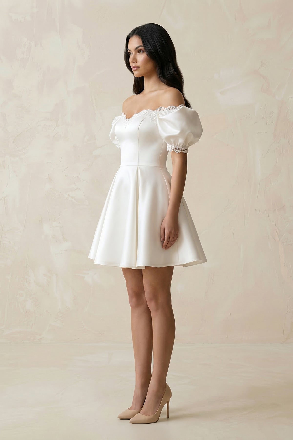 Satin Lace Off-the-Shoulder A-Line Wedding Dress in White