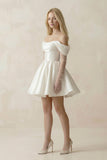 Satin Off-the-Shoulder A-Line Ruched Wedding Dress With Sleeves in White