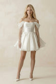 Satin Off-the-Shoulder A-Line Ruched Wedding Dress With Sleeves in White