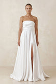 Satin Strapless A-Line Ruched Wedding Dress With Slit in White