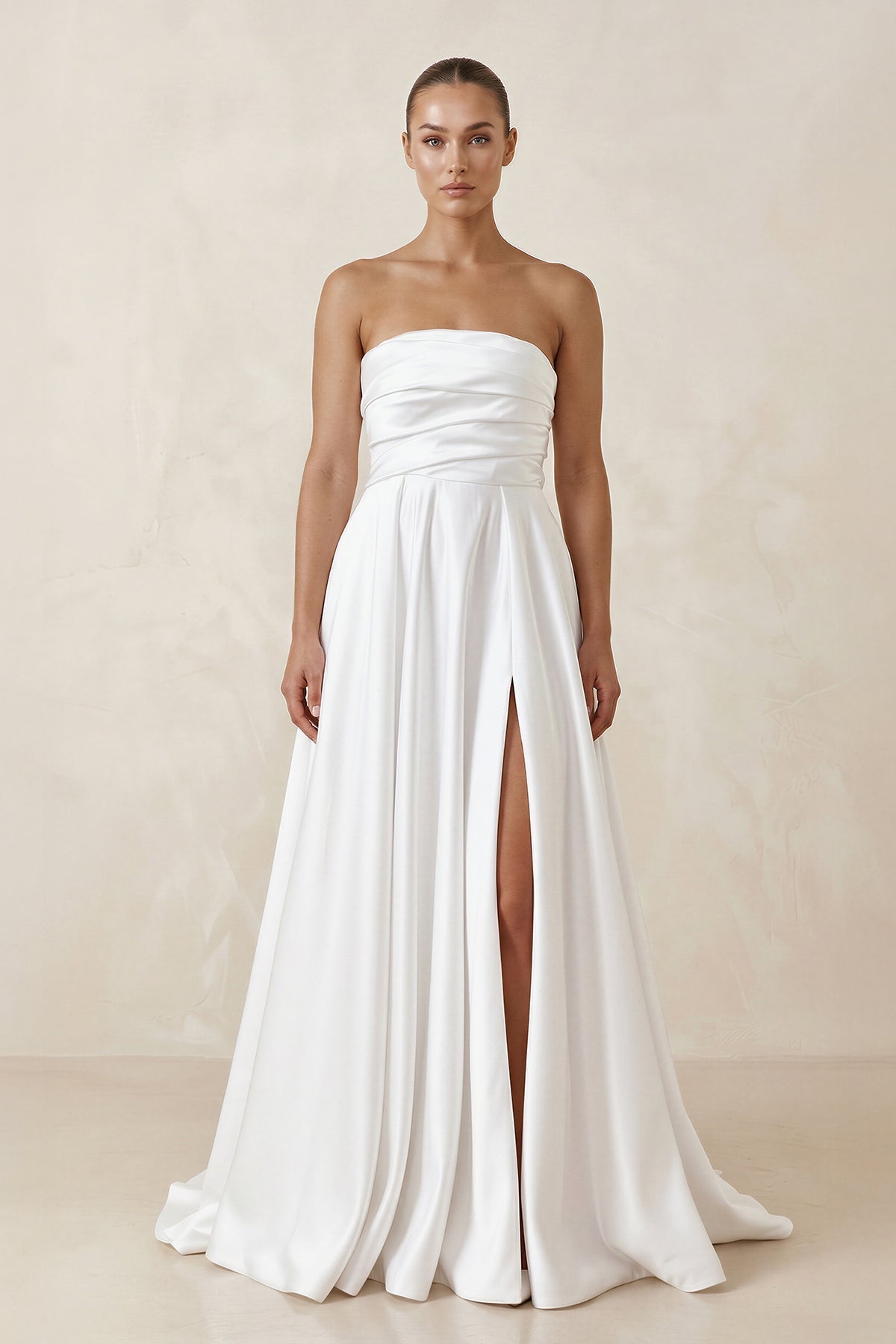 Satin Strapless A-Line Ruched Wedding Dress With Slit in White