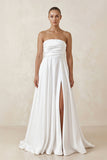 Satin Strapless A-Line Ruched Wedding Dress With Slit in White