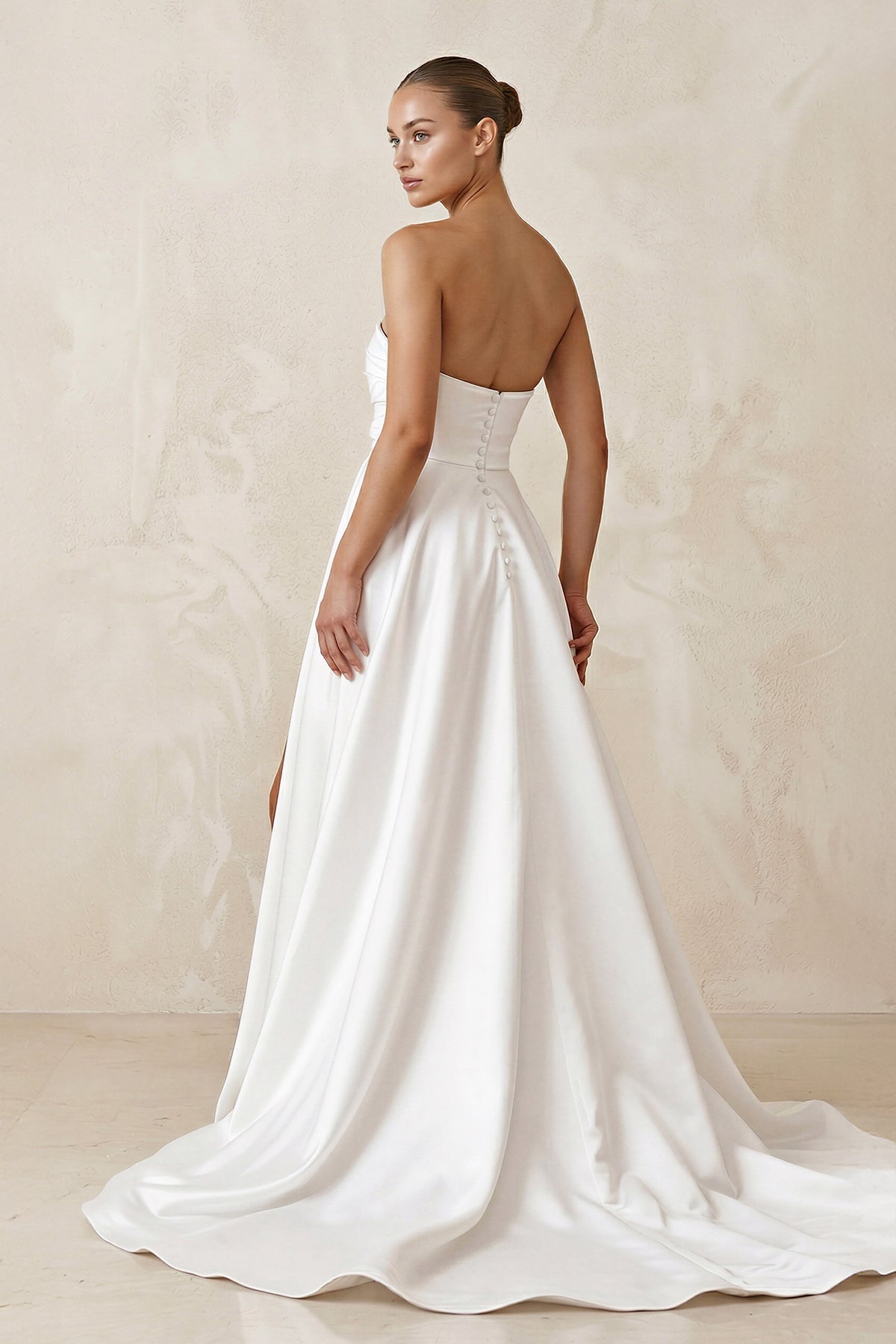 Satin Strapless A-Line Ruched Wedding Dress With Slit in White