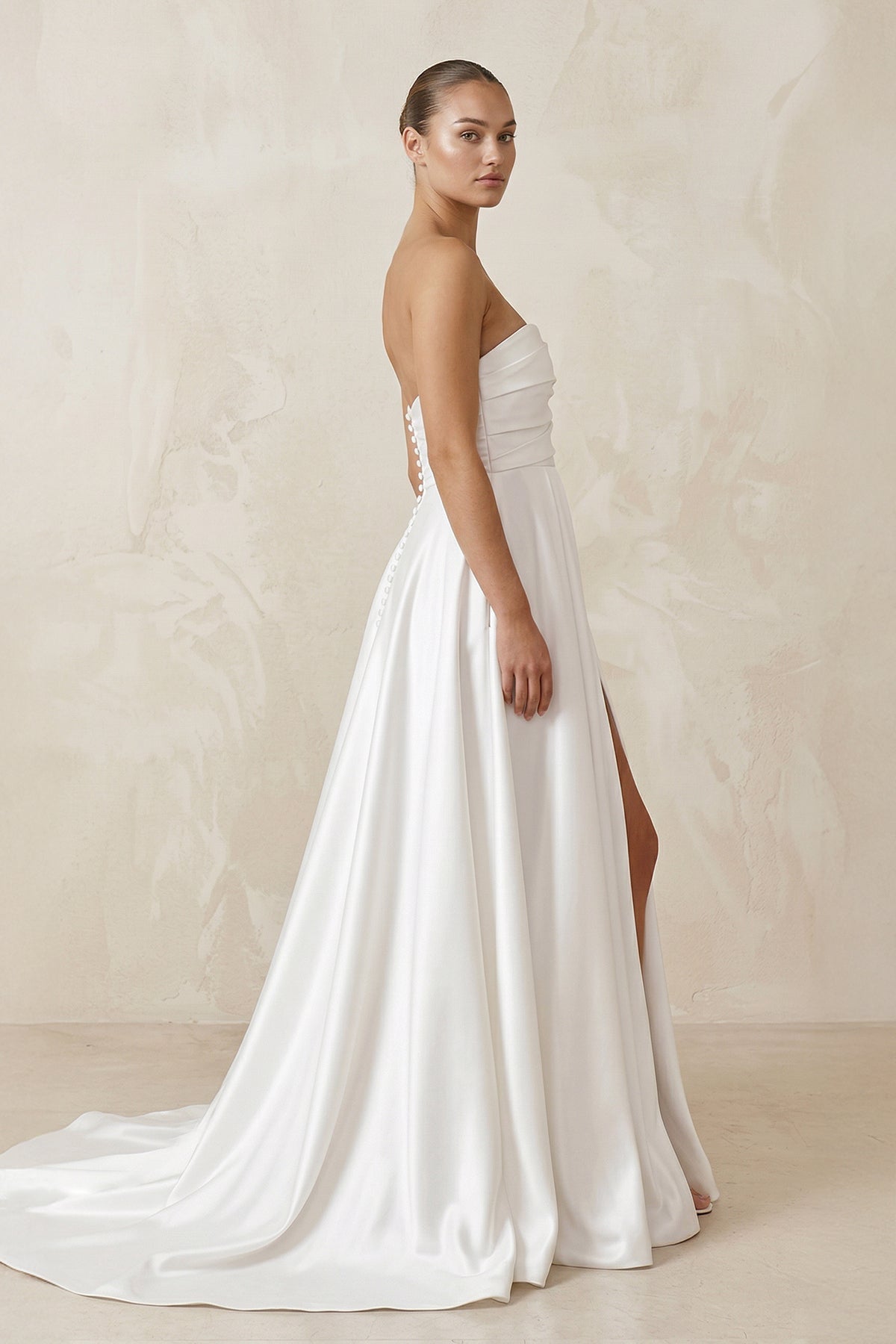 Satin Strapless A-Line Ruched Wedding Dress With Slit in White
