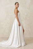Satin Strapless A-Line Ruched Wedding Dress With Slit in White