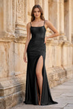 Royal Blue Spaghetti Straps Lace-Up Pleated Mermaid Gown