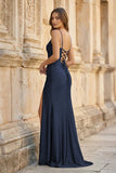 Royal Blue Spaghetti Straps Lace-Up Pleated Mermaid Gown