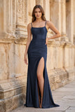 Royal Blue Spaghetti Straps Lace-Up Pleated Mermaid Gown