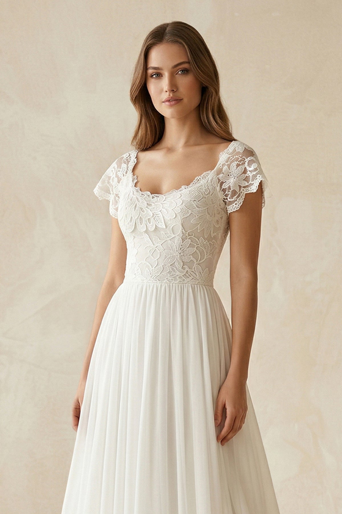 Scoop Cap Sleeves Backless Long Chiffon Lace Appliques Wedding Dress withTrain