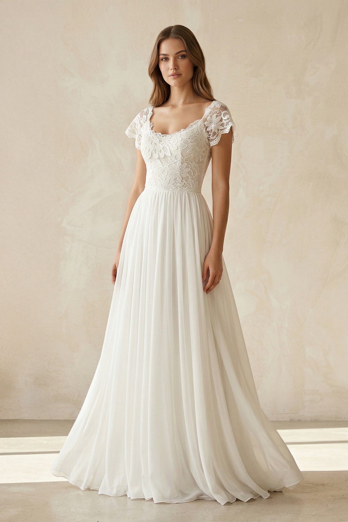 Scoop Cap Sleeves Backless Long Chiffon Lace Appliques Wedding Dress withTrain