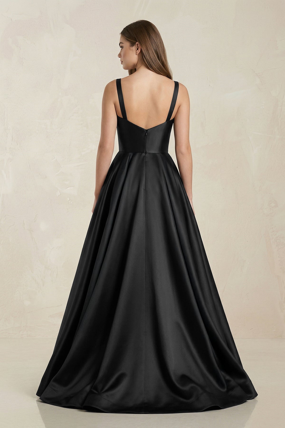 Scoop Neck A-Line Satin Maxi Wedding Dress in Black