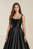 Scoop Neck A-Line Satin Maxi Wedding Dress in Black