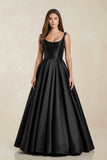 Scoop Neck A-Line Satin Maxi Wedding Dress in Black