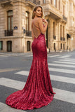 Sequined Prom Dress Mermaid V-Neck Sweep Train With Pleated